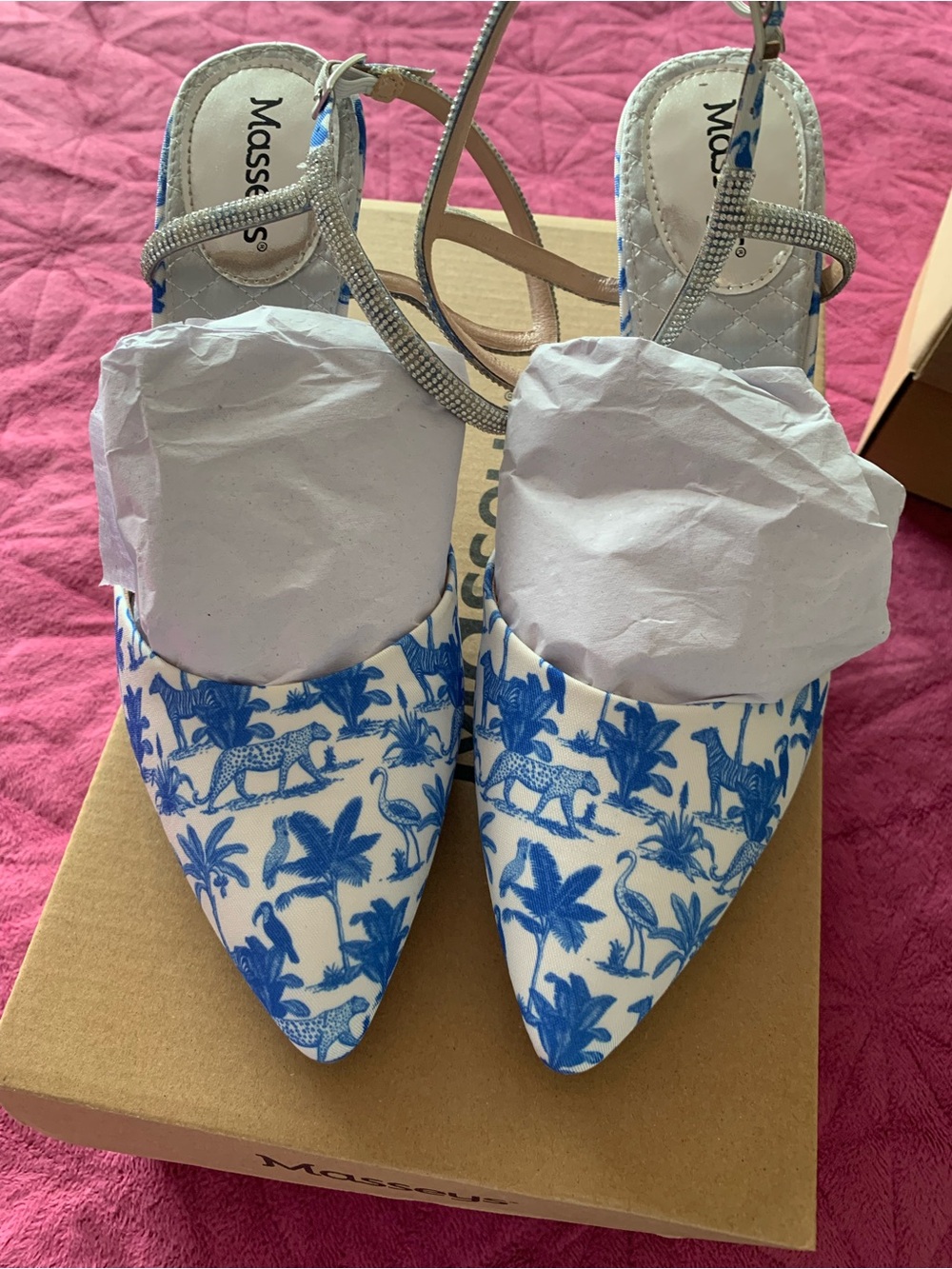 Masseys Blue & White Printed Pointed-Toe Slingback Heels with Rhinestone Strap - Picture 2 of 5